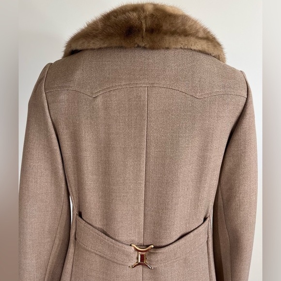 Vintage fur collar wool blend tan beige pea coat, Small - Picture 6 of 16